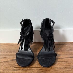 Stuart Weitzman Nudist Fringe Nude Suede Sandals